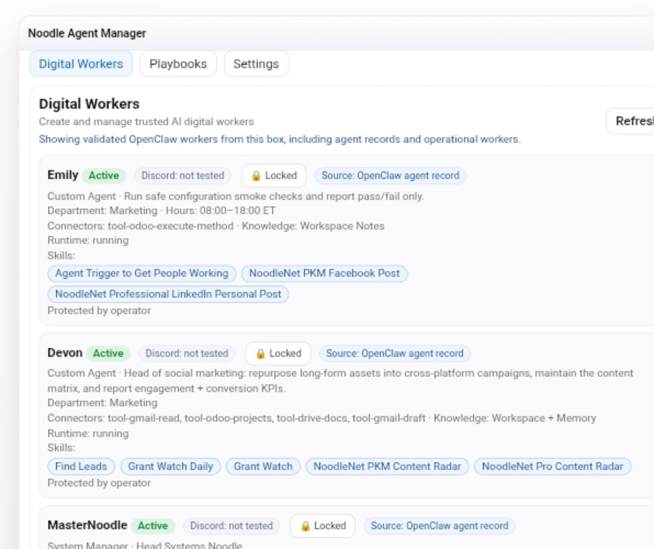 Noodle Agent Manager showing digital workers, roles, status, skills, connectors, and knowledge boundaries