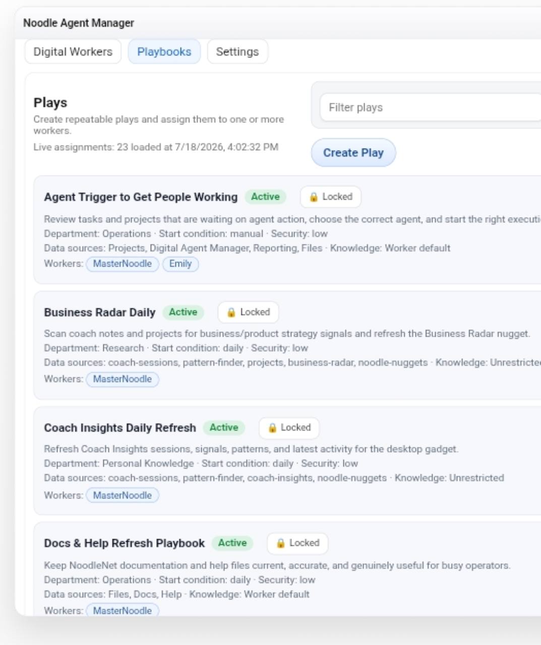 Noodle Agent Manager playbook list showing repeatable plays, worker assignments, status, security, and data sources