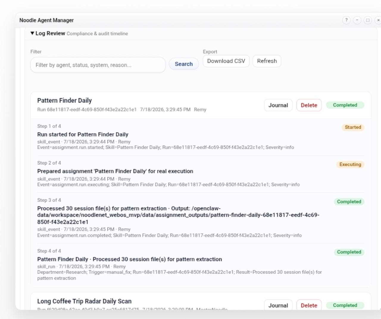 Noodle Agent Manager log review showing completed play steps, execution state, audit details, and export controls
